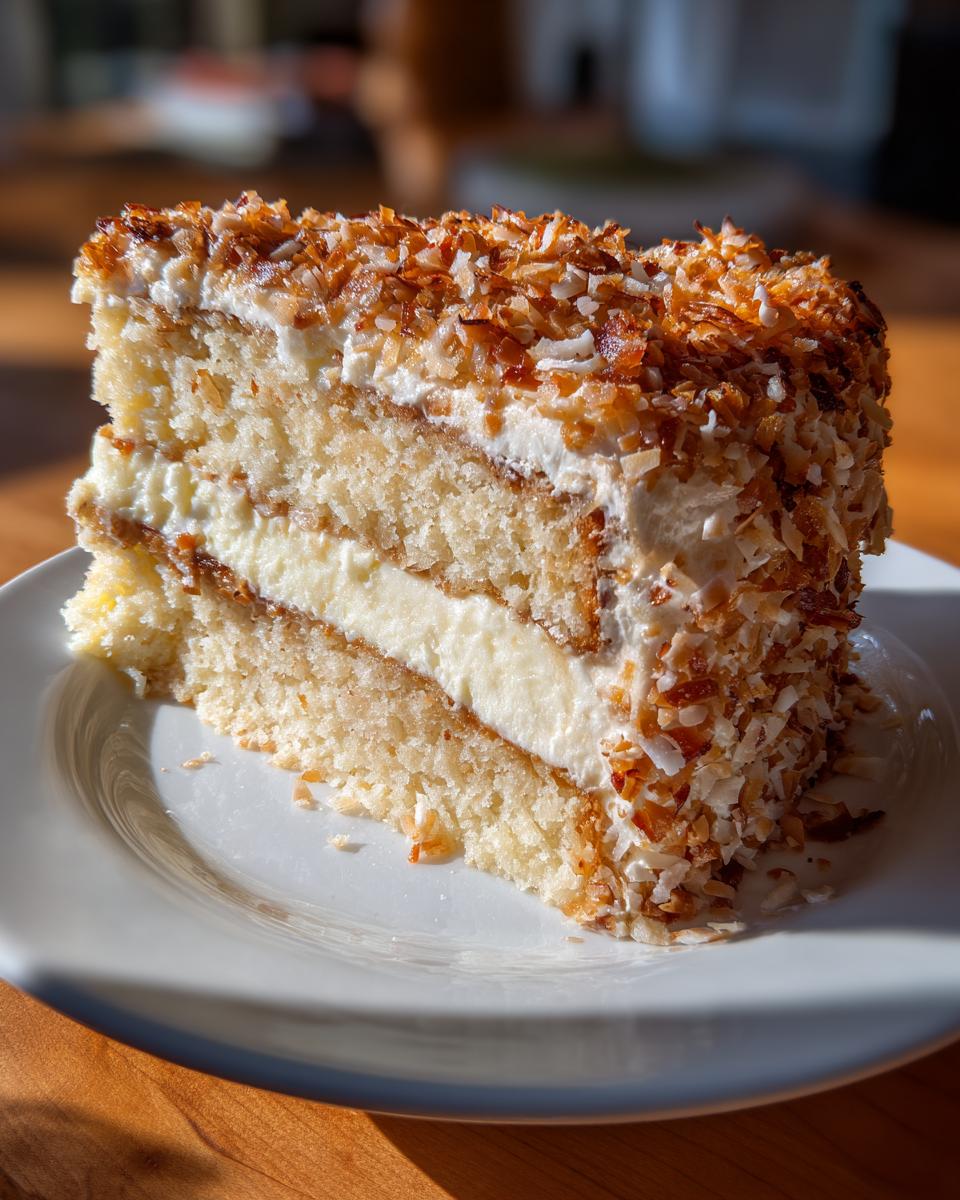 A tall slice of white German chocolate cake featuring light layers, creamy filling, and toasted coconut topping.