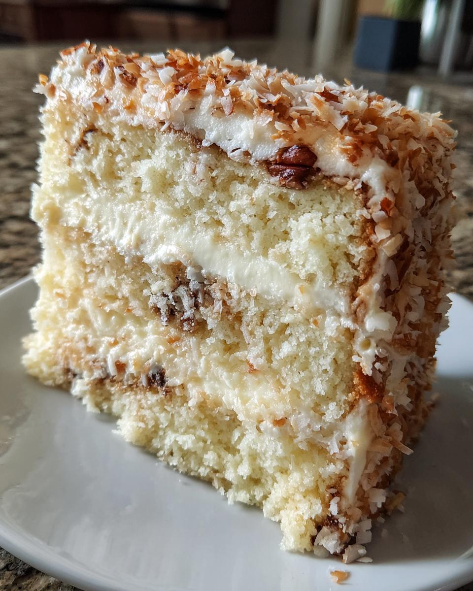 Close-up of a moist slice of white German Chocolate Cake layered with frosting and topped with toasted coconut.