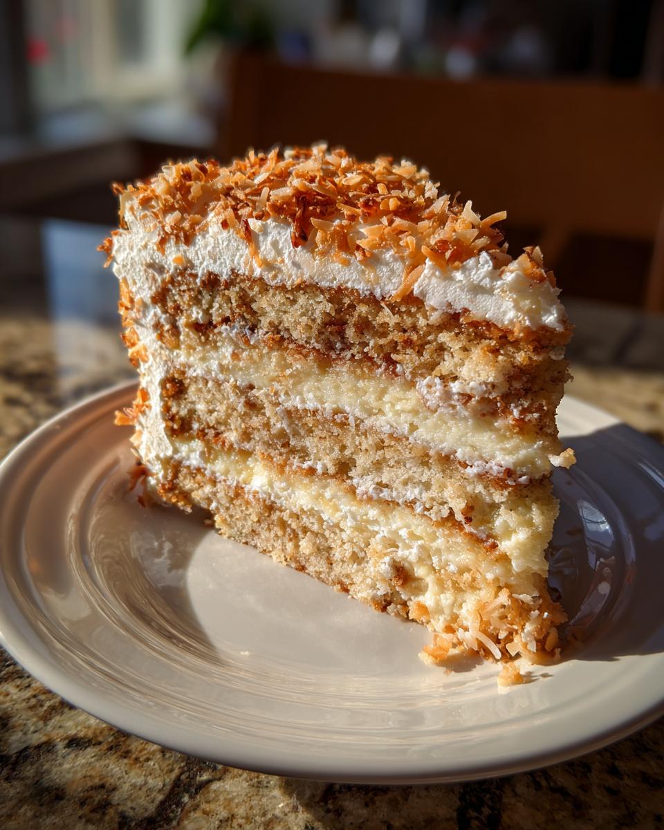 A tall slice of white German chocolate cake layered with cream filling and topped with toasted coconut flakes.