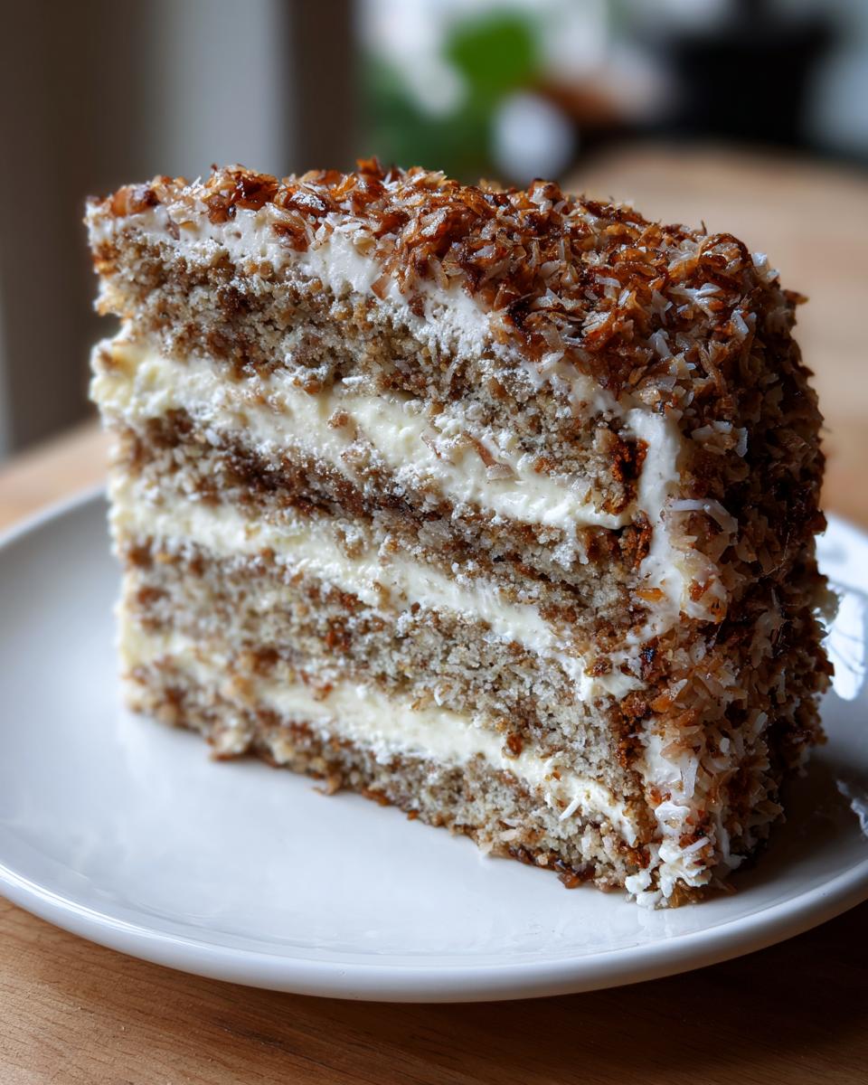 Close-up of a tall slice of white German Chocolate Cake featuring multiple layers of cake and cream filling, topped with toasted coconut.