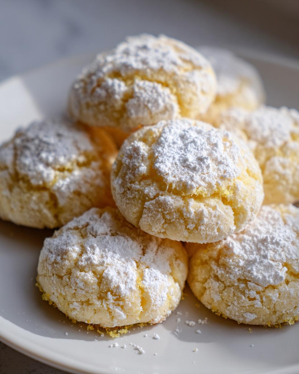 A stack of soft, crinkle-top lemon cookies heavily dusted with powdered sugar on a white plate.