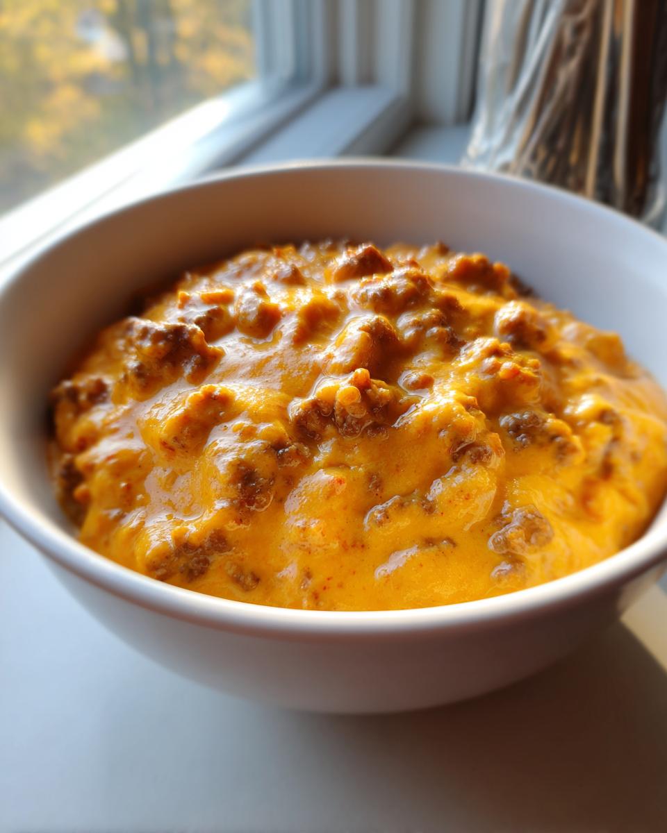 Close-up of creamy, bright orange chili cheese dip with ground meat served in a white bowl near a window.