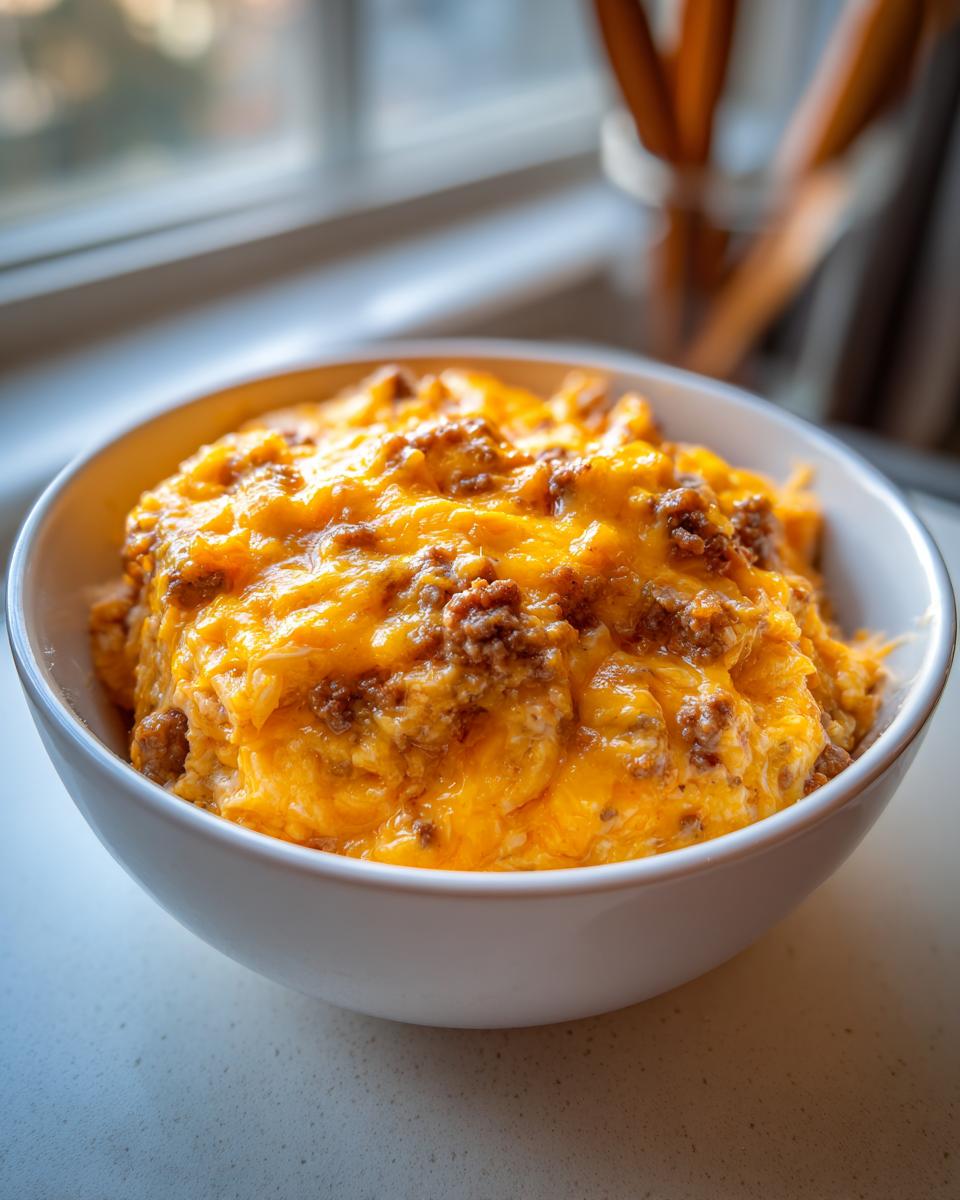 Close-up of a white bowl filled with hot, gooey chili cheese dip topped with melted cheddar cheese and ground beef.