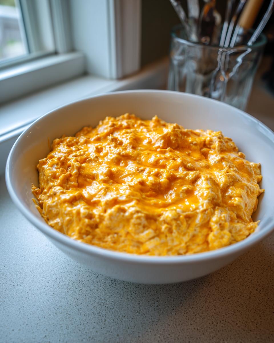 A white bowl filled with creamy, bright orange chili cheese dip, sitting on a light countertop near a window.