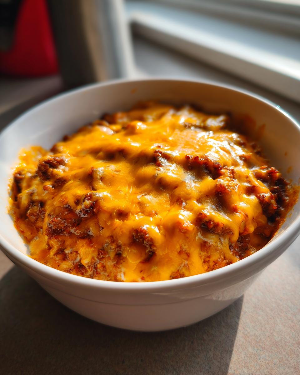 Close-up of a white bowl filled with hot chili cheese dip topped with melted, gooey cheddar cheese.