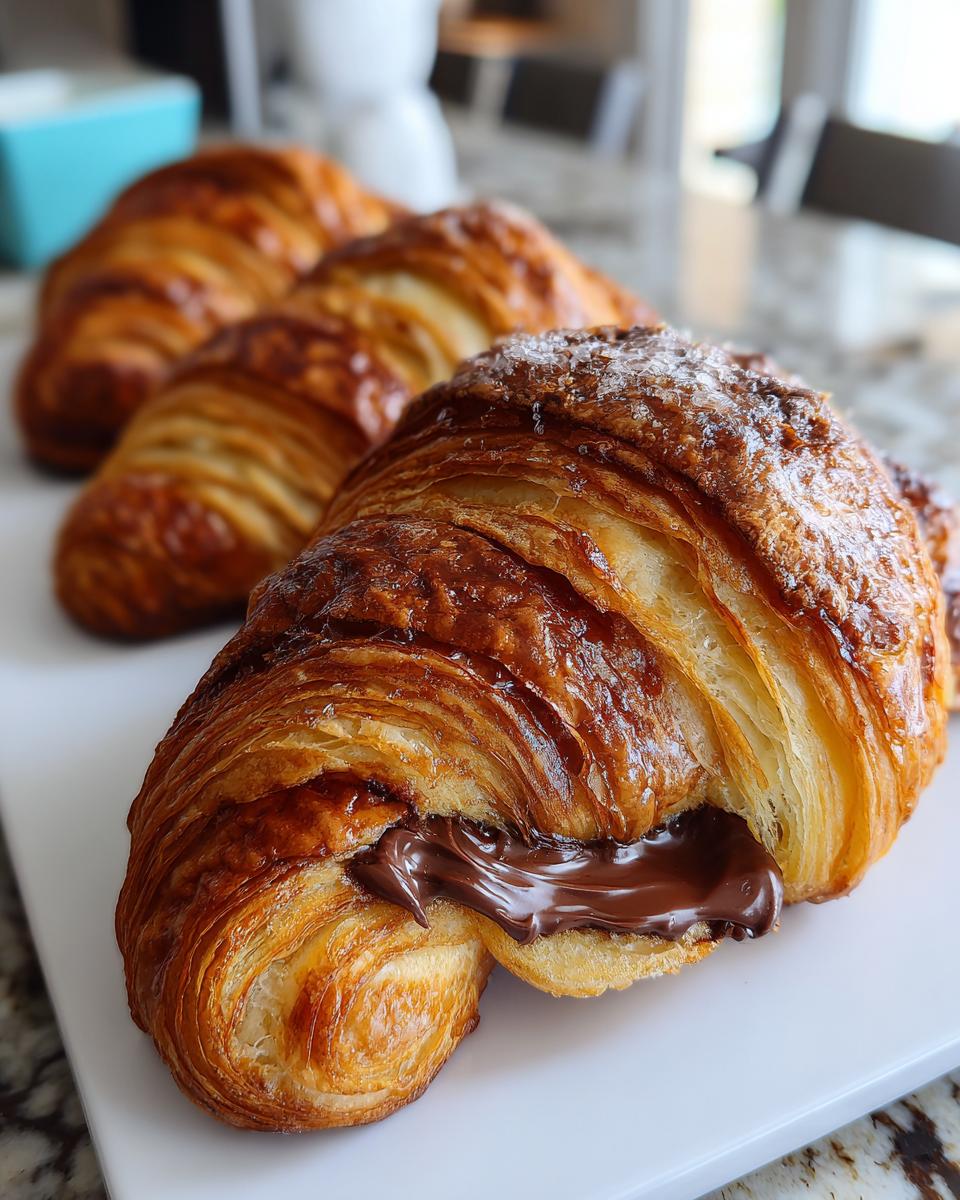 A flaky, golden-brown chocolate croissant oozing melted chocolate filling, with more chocolate croissants blurred in the background.