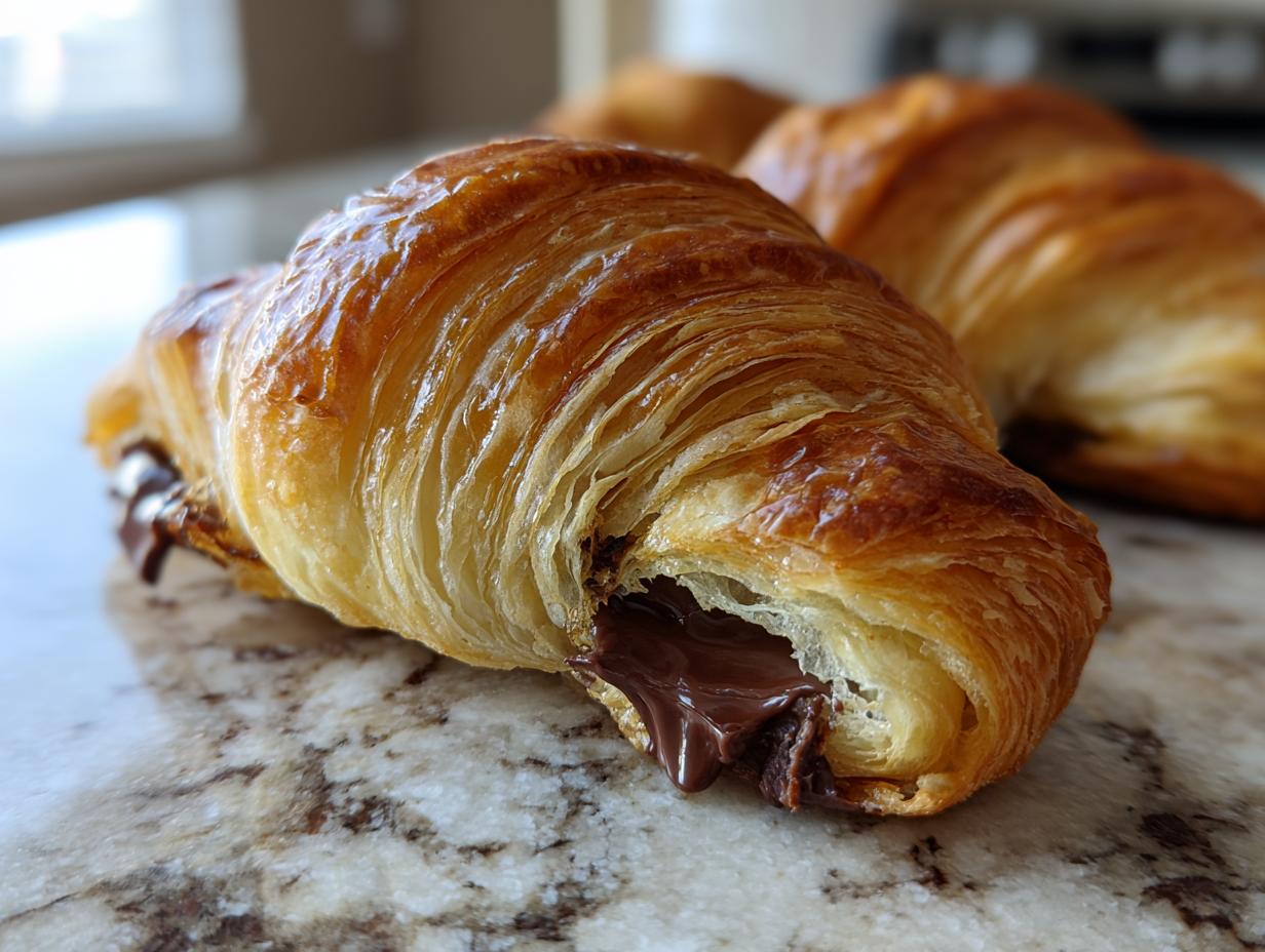 Close-up of a flaky, golden-brown chocolate croissant with melted chocolate oozing out the side.