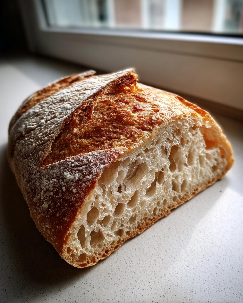 Close-up of the open crumb structure of a freshly baked french bread loaf, showing large air pockets.