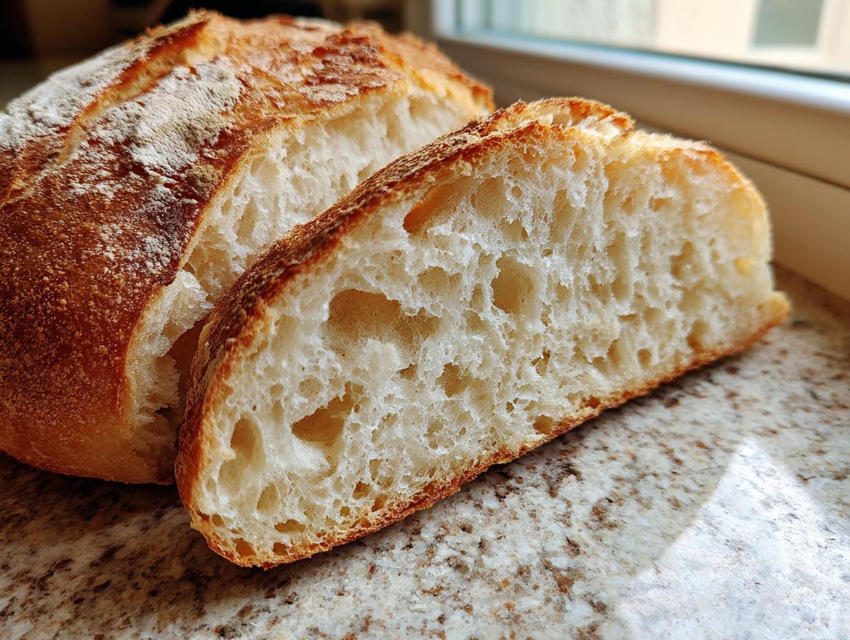 Close-up of a freshly baked loaf of french bread, sliced to show the airy interior crumb structure.