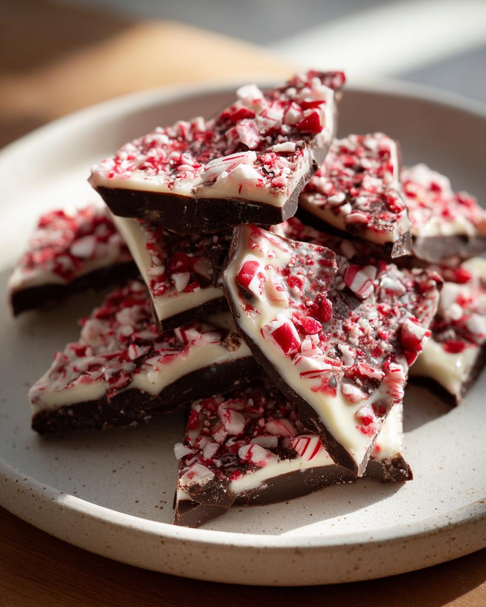 Close-up of broken pieces of dark and white chocolate peppermint bark topped with crushed candy canes.