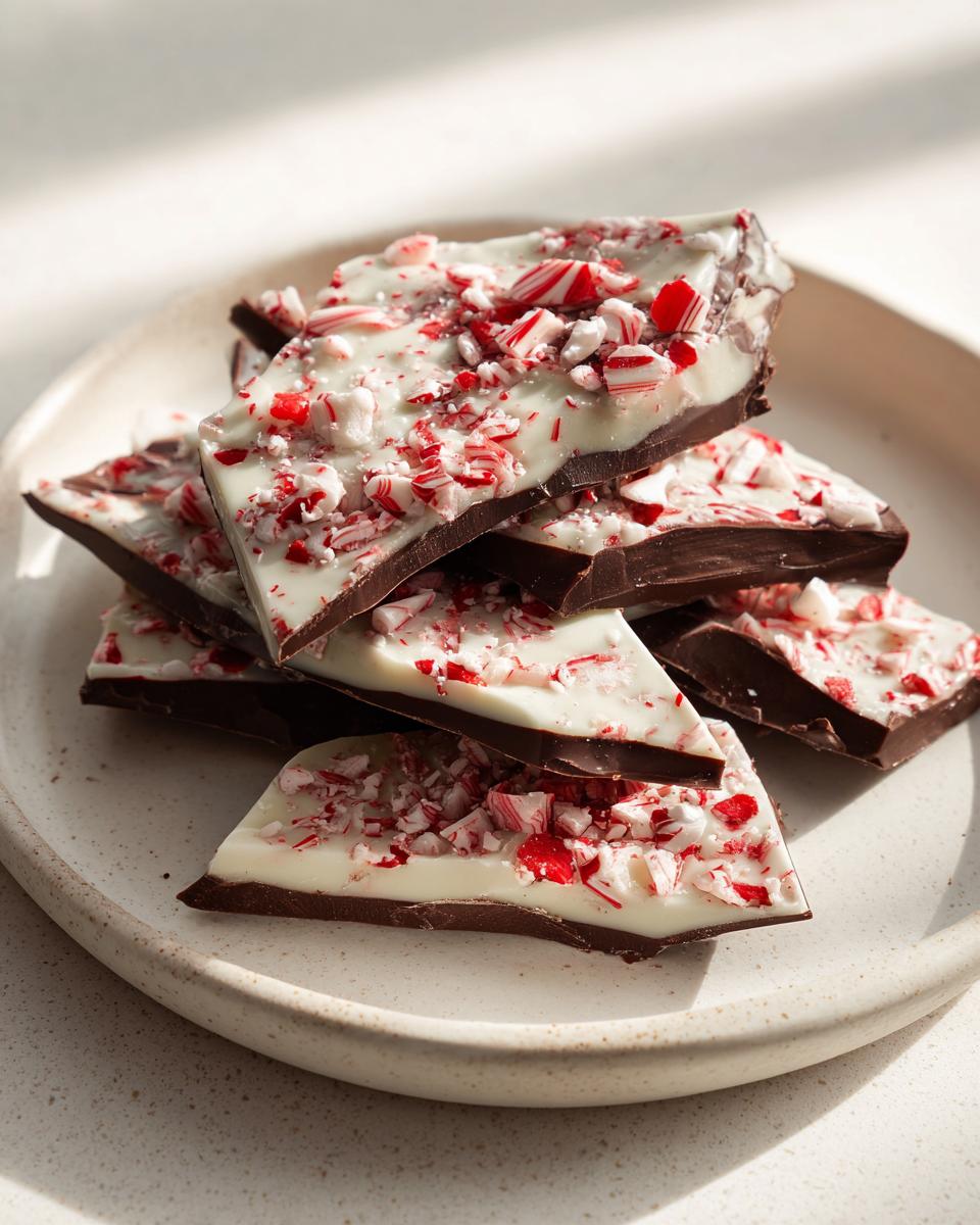 Close-up of stacked, broken pieces of dark and white chocolate peppermint bark topped with crushed candy canes.
