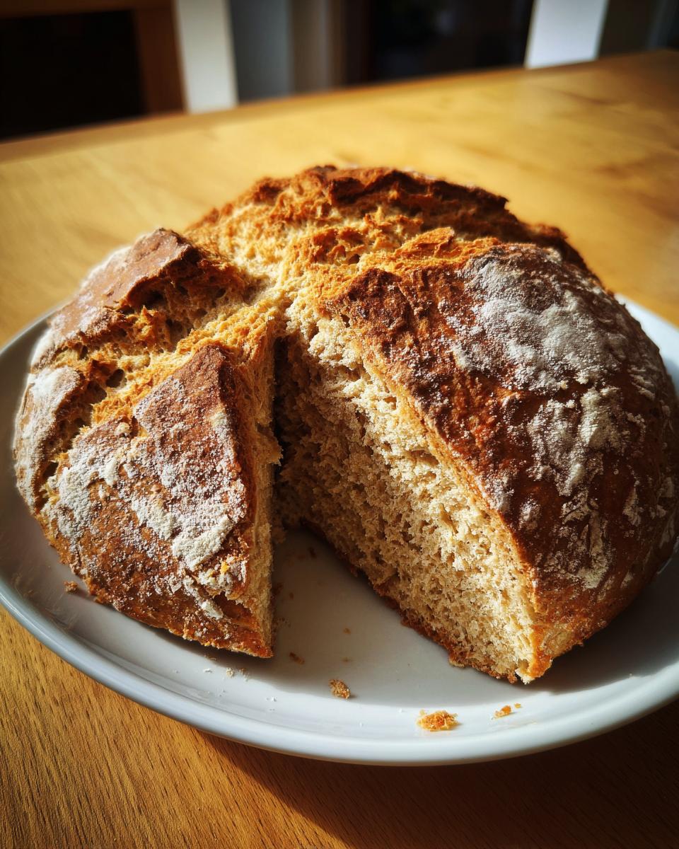 A rustic, round loaf of freshly baked soda bread with a golden-brown crust, sitting on a white plate, with one slice cut out.