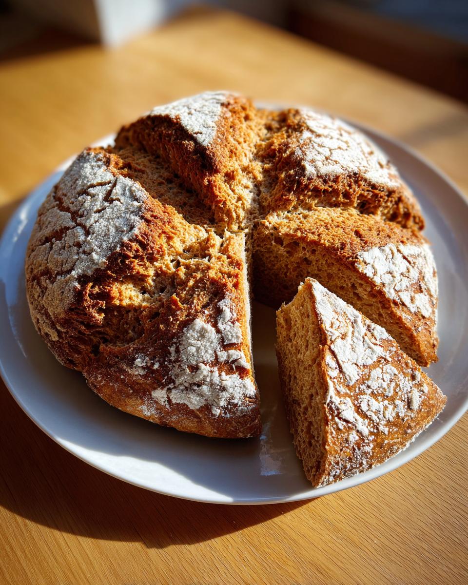 A round loaf of rustic soda bread, dusted with flour and cut into wedges, served on a white plate.