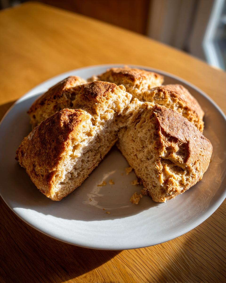 Close-up of freshly baked soda bread portions, one split open to show the crumb, on a light plate.