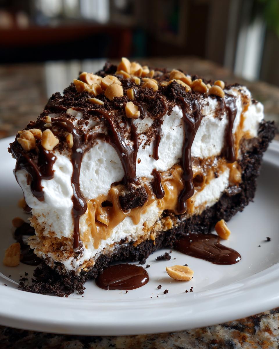 A decadent slice of 5 ingredient ice cream pie featuring layers of cream, peanut butter filling, chocolate crust, drizzled with fudge and topped with peanuts.