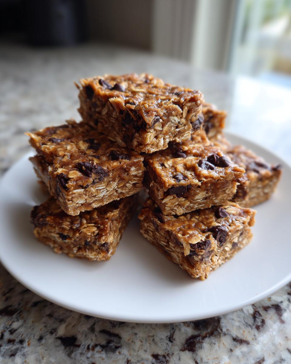 A stack of homemade, chewy protein bars loaded with oats and chocolate chips, resting on a white plate.