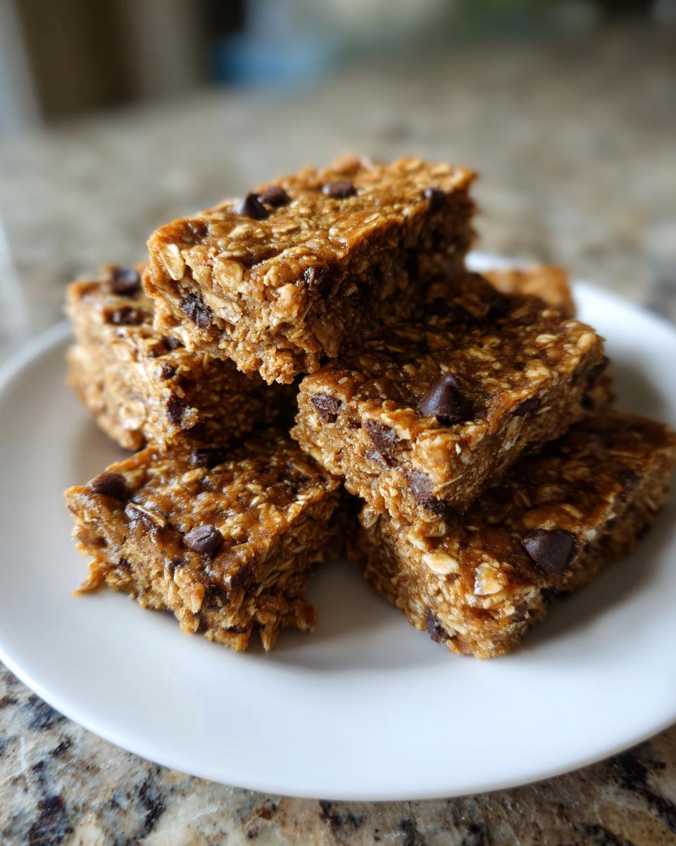 A stack of five homemade chocolate chip protein bars made with oats, resting on a small white plate.