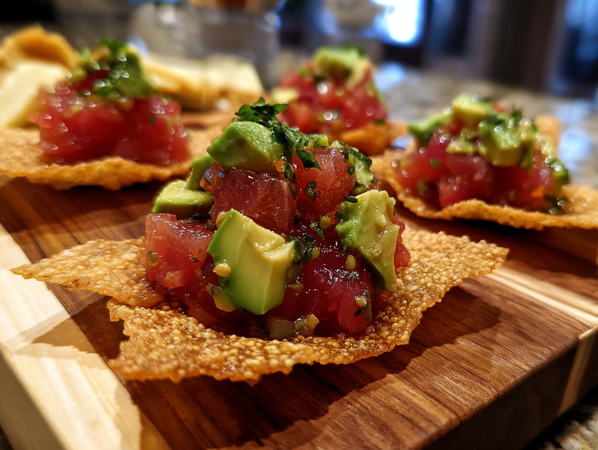 Close-up of gourmet tuna tartare served on crispy wonton chips, topped with diced avocado.