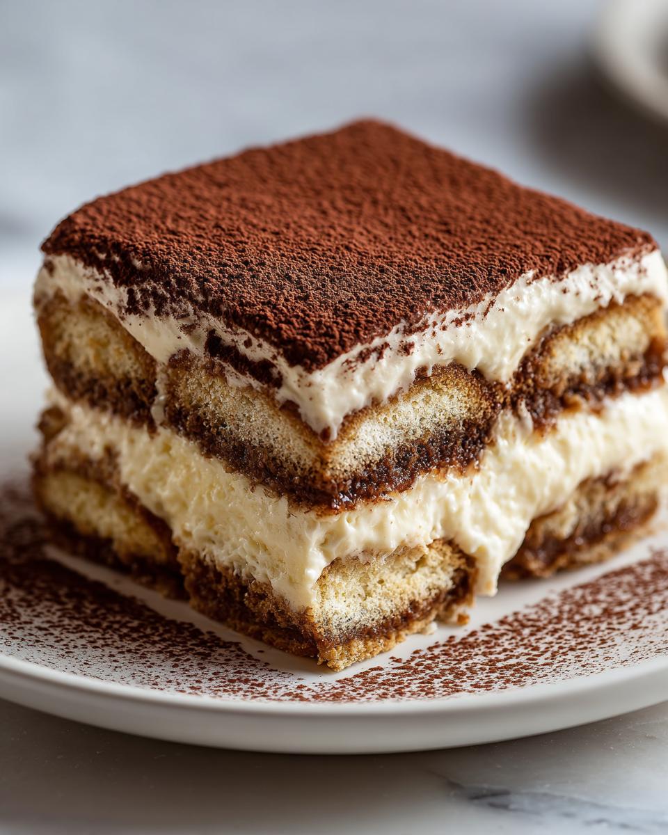 A decadent, layered slice of tiramisu recipe featuring ladyfingers, mascarpone cream, and a heavy dusting of cocoa powder.