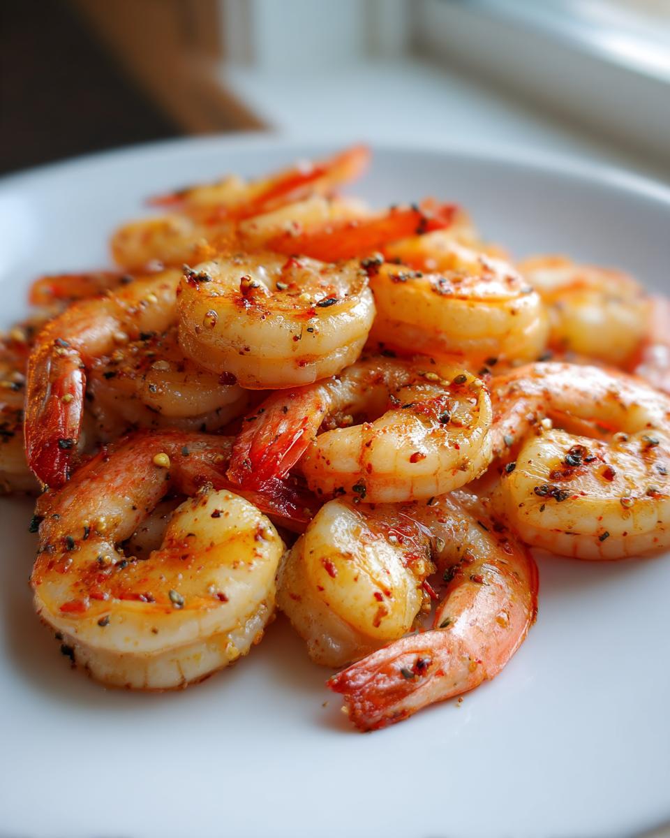 Close-up of seasoned, cooked air fryer frozen shrimp piled on a white plate, ready to eat.