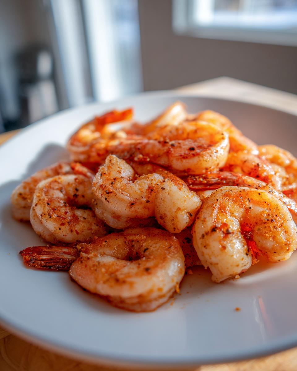 Close-up of seasoned, cooked air fryer frozen shrimp piled on a white plate, ready to eat.