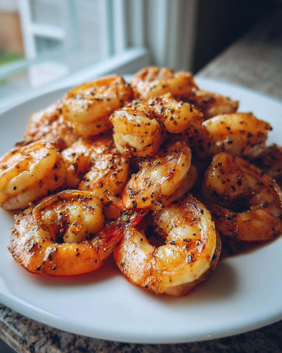 Close-up of cooked, seasoned air fryer frozen shrimp piled on a white plate, ready to eat.