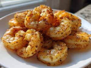 Close-up of perfectly cooked air fryer frozen shrimp piled on a white plate, seasoned with spices.