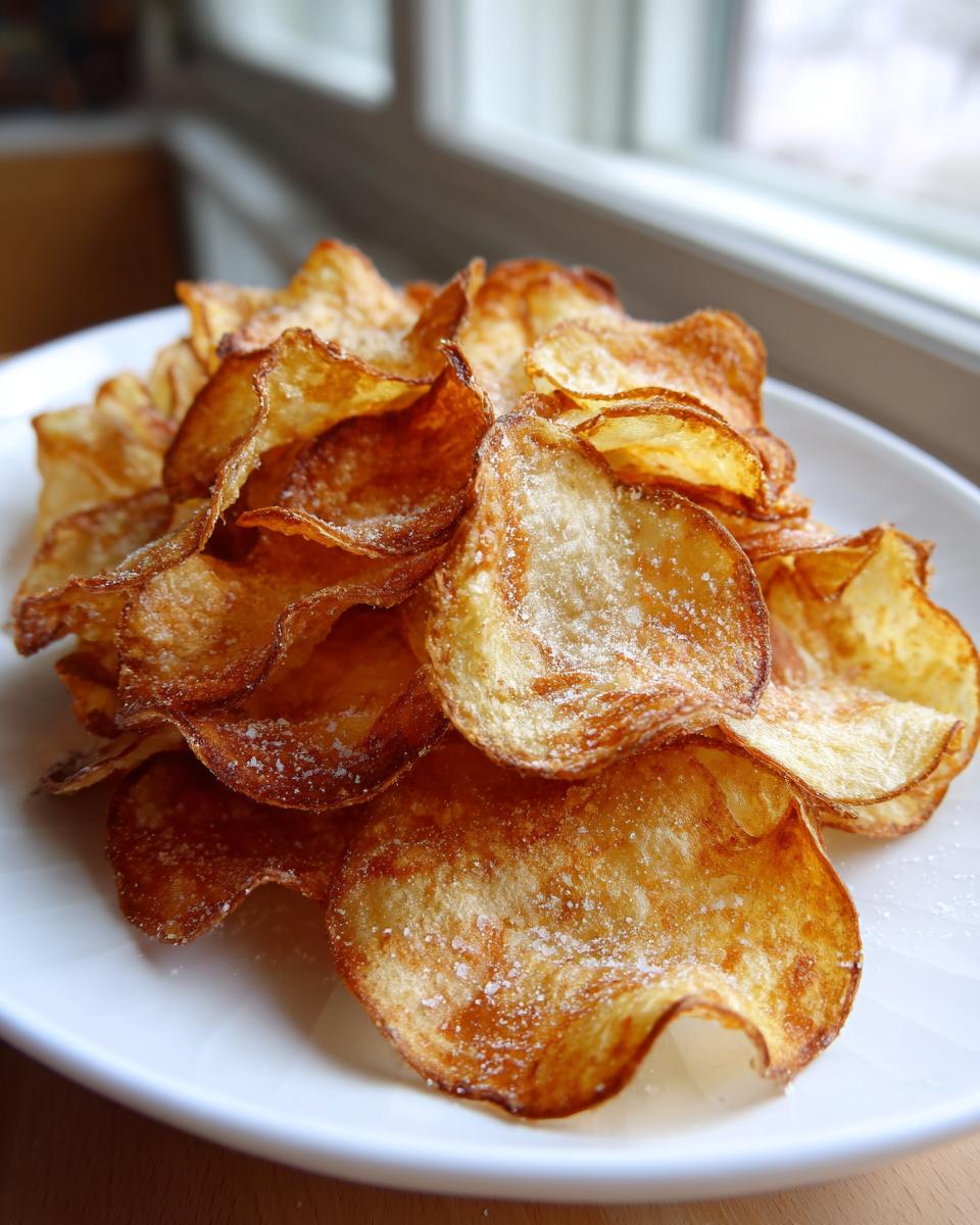 A close-up of a white plate piled high with golden brown, crispy air fryer potato chips sprinkled with salt.