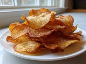 A close-up shot of a tall pile of golden brown, crispy air fryer potato chips sprinkled with salt.