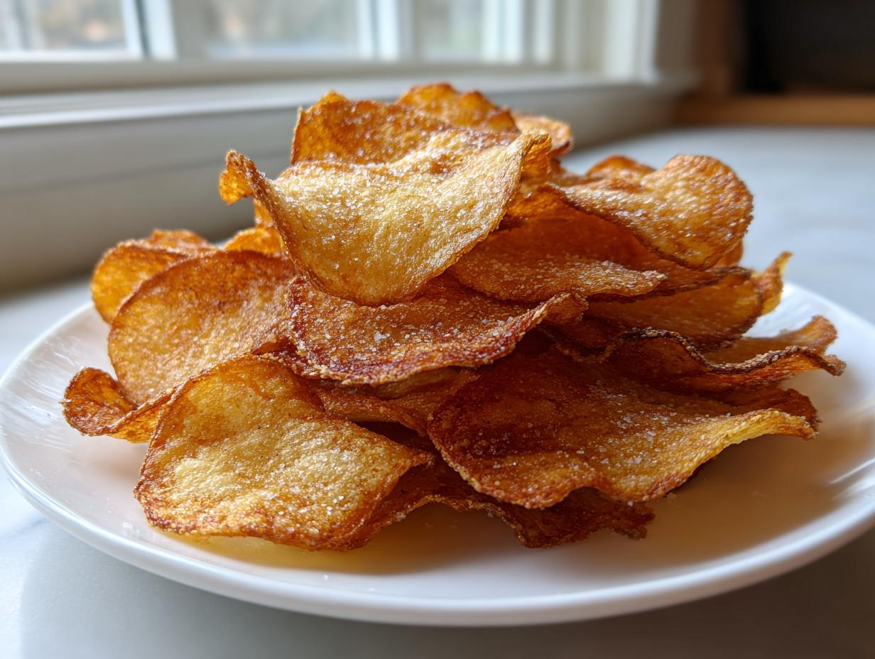 A close-up shot of a tall pile of golden brown, crispy air fryer potato chips sprinkled with salt.