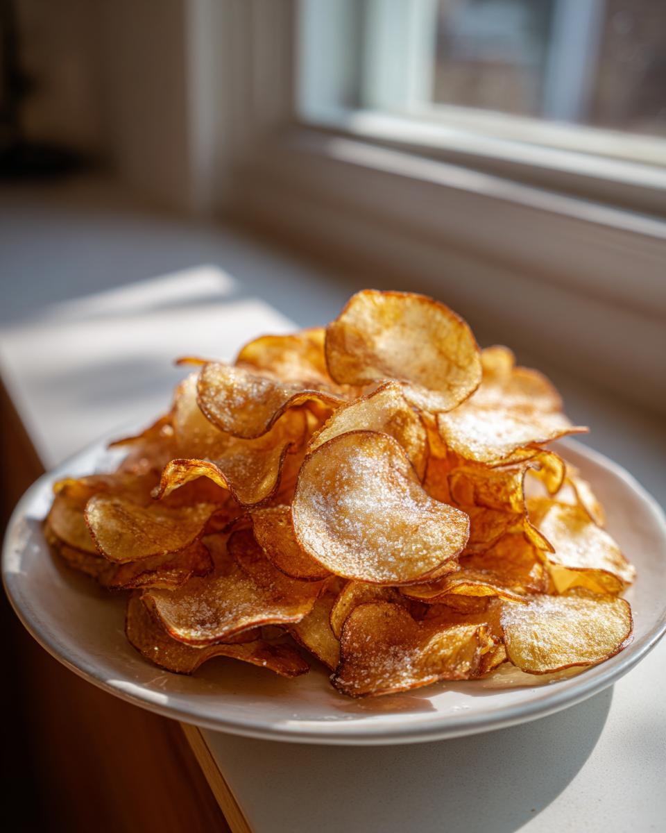 A pile of golden, crispy air fryer potato chips seasoned with salt, sitting on a light plate near a window.