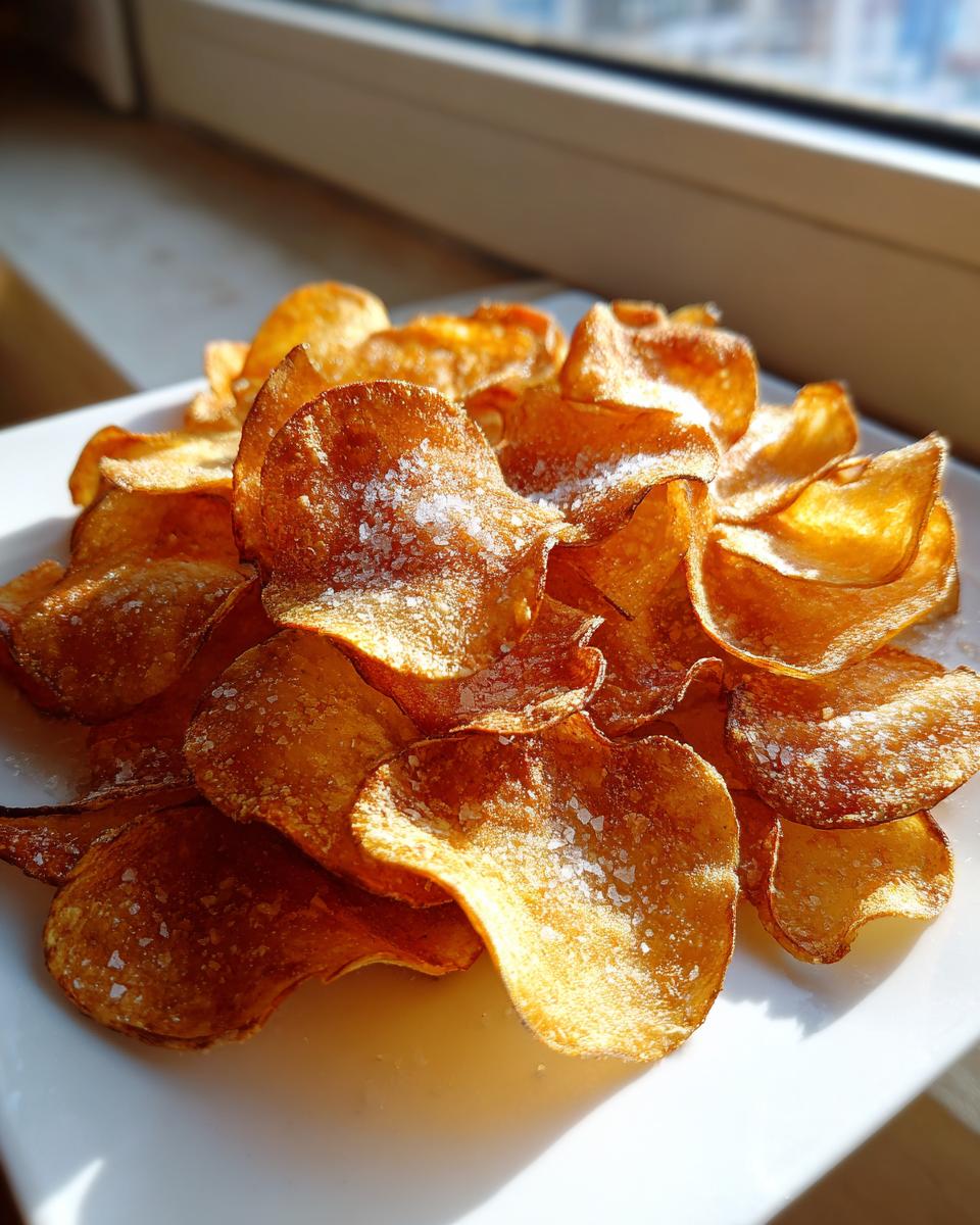 Close-up of golden, crispy air fryer potato chips sprinkled with coarse sea salt on a white plate.