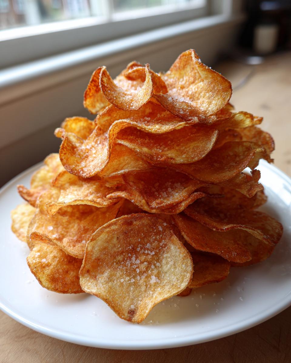 A tall stack of golden brown, perfectly crisp air fryer potato chips sprinkled with sea salt on a white plate.