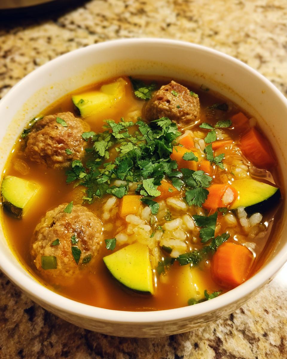 A close-up of a bowl of albondigas soup featuring meatballs, rice, zucchini, carrots, and fresh cilantro garnish.