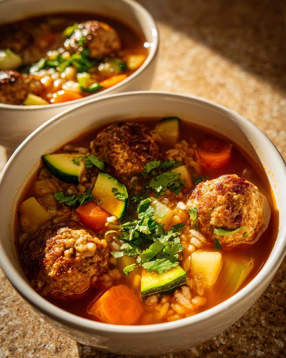 Close-up of a bowl of flavorful albondigas soup featuring meatballs, zucchini, carrots, and rice, garnished with cilantro.