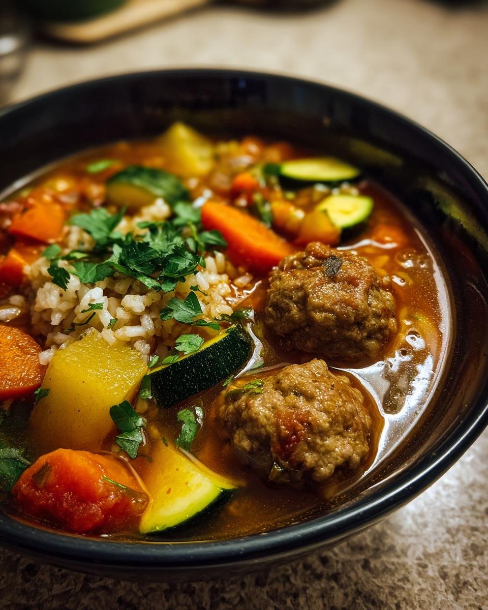 Close-up of a dark bowl filled with rich albondigas soup featuring meatballs, rice, carrots, zucchini, and fresh parsley.