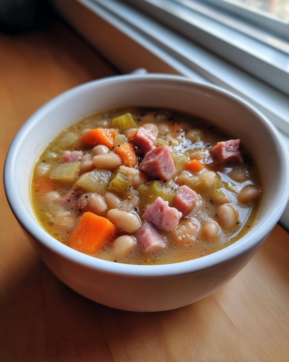Close-up of a white bowl filled with hearty bean soup, featuring white beans, diced carrots, celery, and chunks of ham.