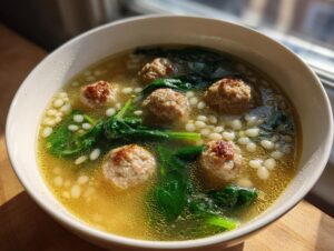 A close-up view of a bowl of amazing 1-Pot wedding soup featuring small meatballs, acini di pepe pasta, and bright green spinach in a clear broth.