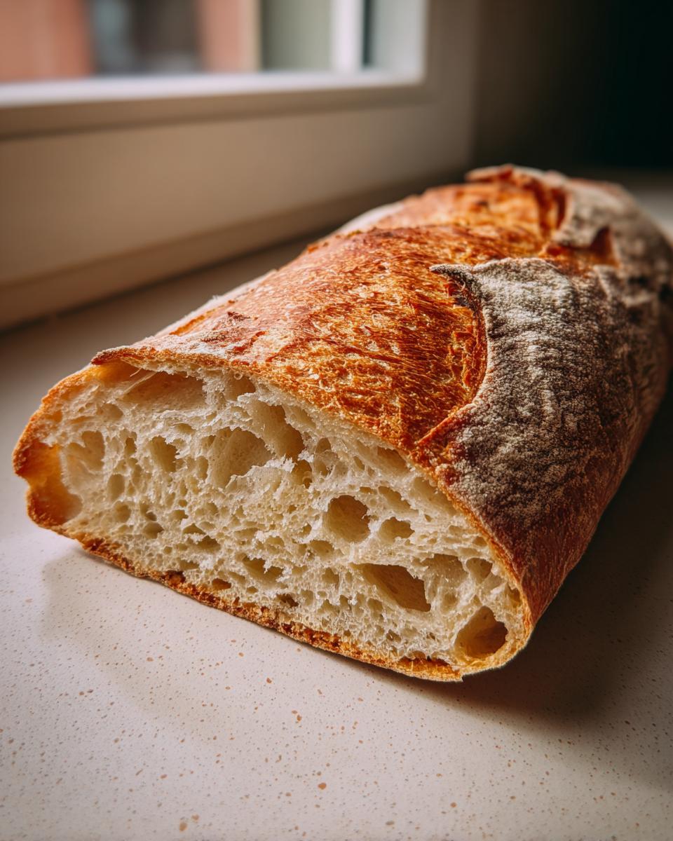 Close-up of a freshly baked french bread loaf cut open, showing an open, airy crumb structure.