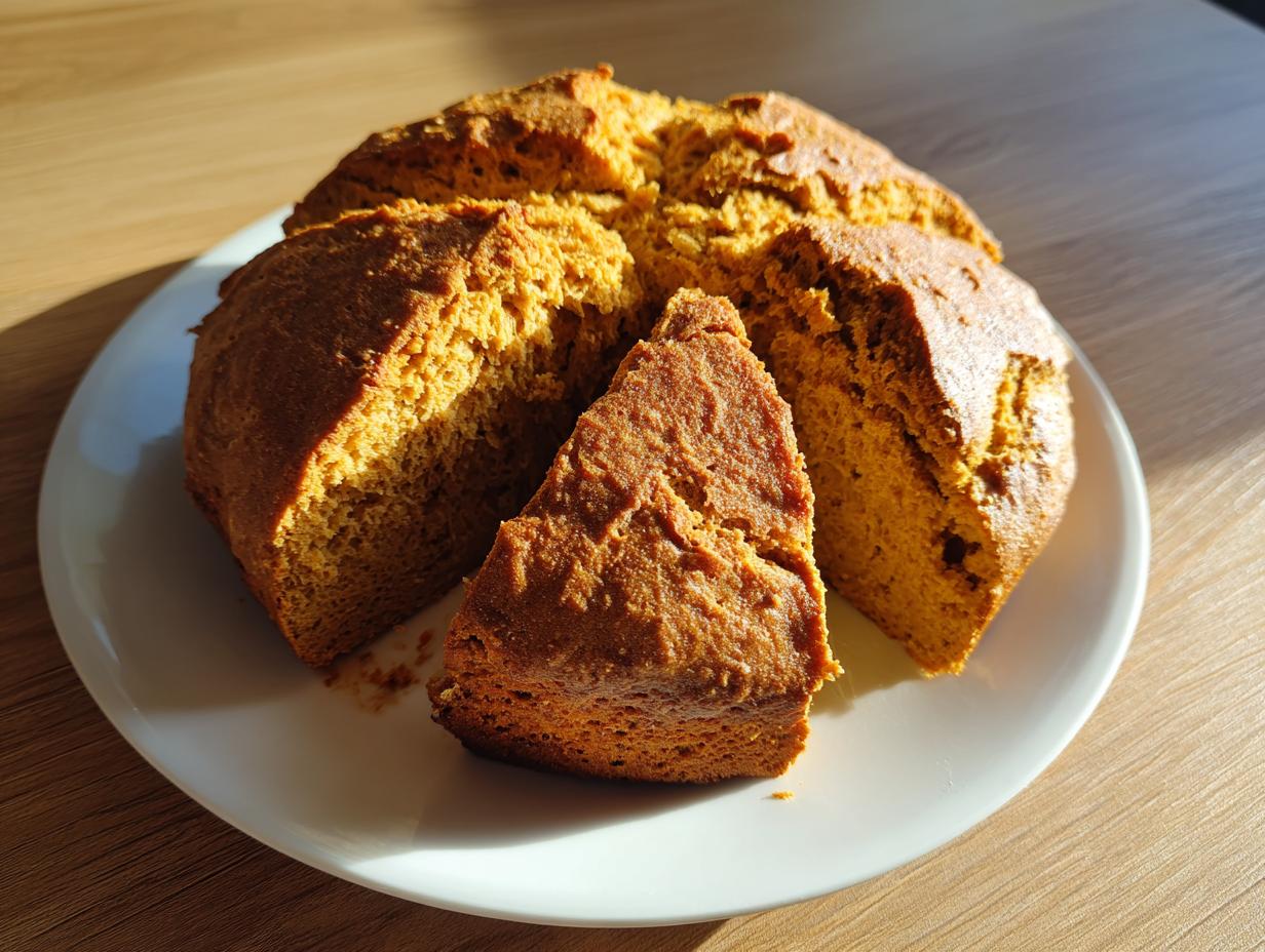 A round loaf of golden brown soda bread, partially sliced, sitting on a white plate in warm sunlight.