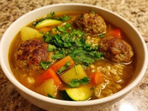 Close-up of a white bowl filled with amazing albondigas soup, featuring meatballs, carrots, zucchini, and fresh cilantro.