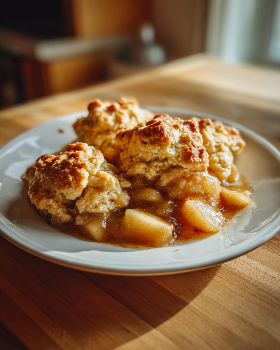 Close-up of warm apple cobbler with biscuit topping served on a white plate.