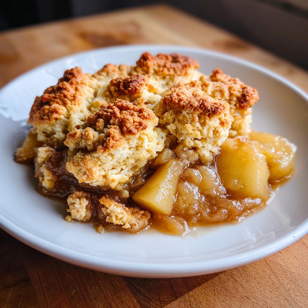 Close-up of a warm serving of apple cobbler with a golden, crumbly topping and soft, spiced apple filling.