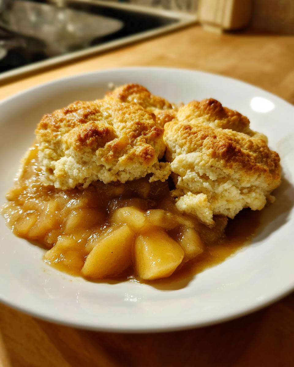 A close-up of a serving of amazing apple cobbler with chunks of spiced apples and a golden, crumbly biscuit topping.