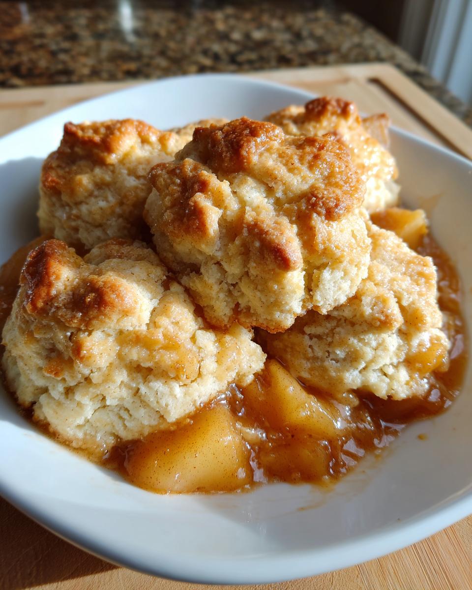 Close-up of a serving of amazing apple cobbler featuring warm, saucy apples and golden biscuit topping in a white bowl.