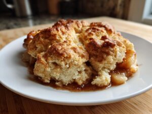 Close-up of a serving of amazing apple cobbler with a golden, biscuit-like topping and syrupy apples underneath.
