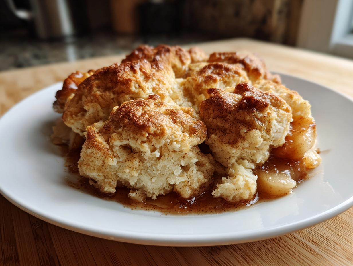 Close-up of a serving of amazing apple cobbler with a golden, biscuit-like topping and syrupy apples underneath.