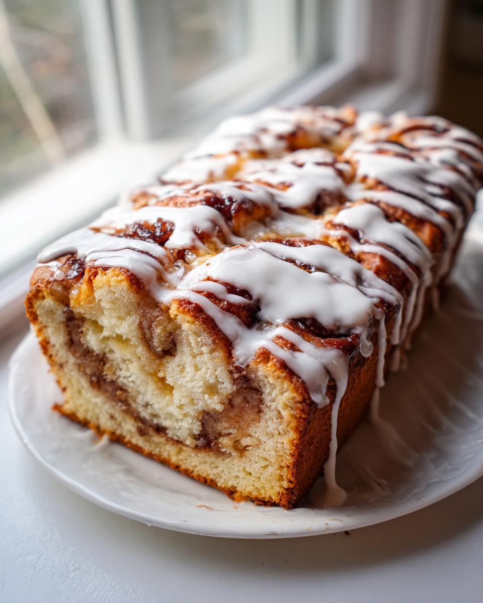 A freshly baked loaf of apple fritter bread, showing a cross-section with cinnamon swirl and topped with thick white glaze.