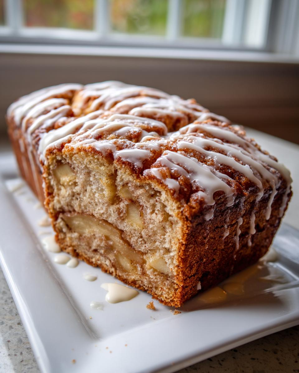 A loaf of amazing apple fritter bread, sliced to show apple filling, drizzled with white icing.