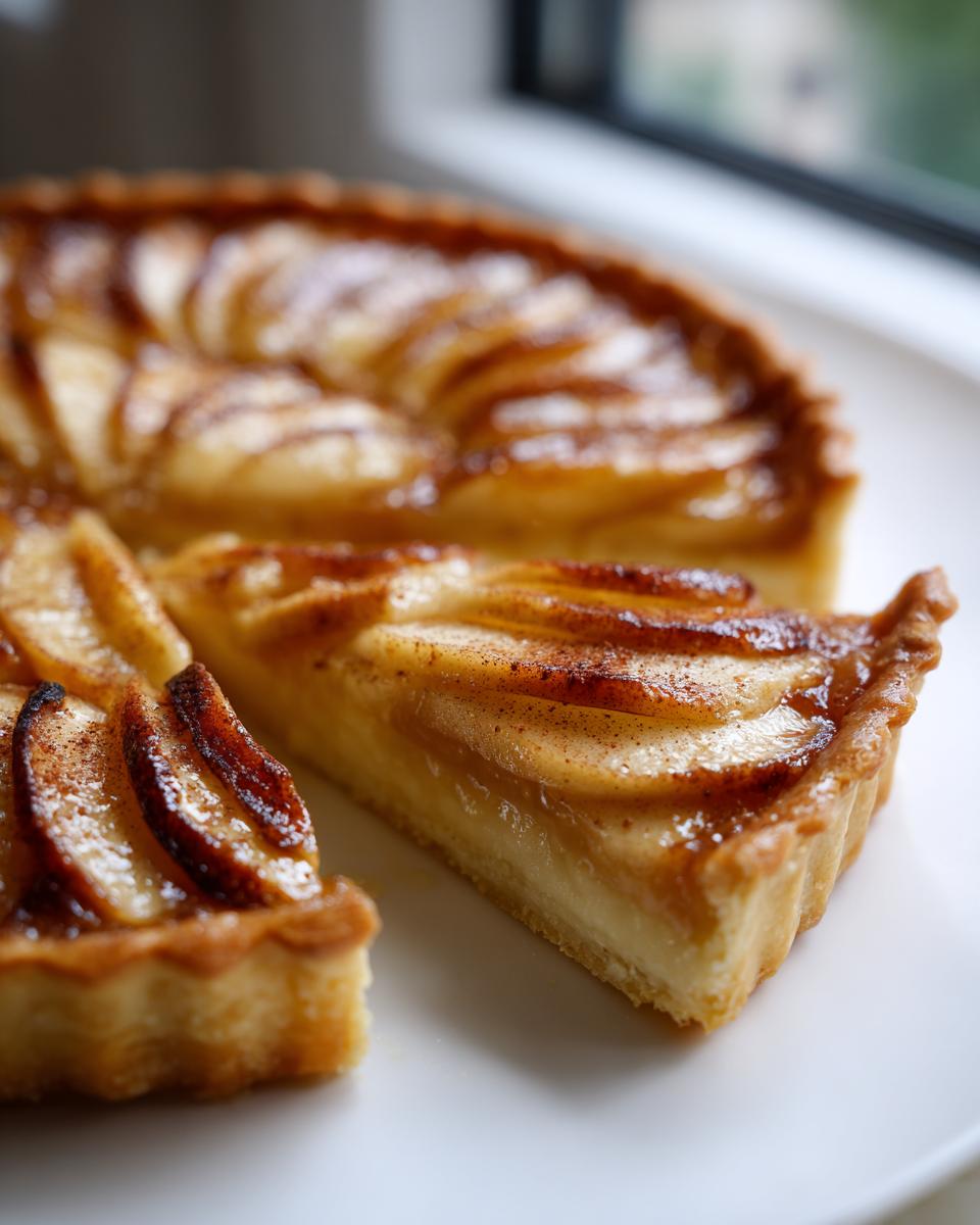 Close-up of a slice of classic apple tart with fanned apple slices and a creamy base.
